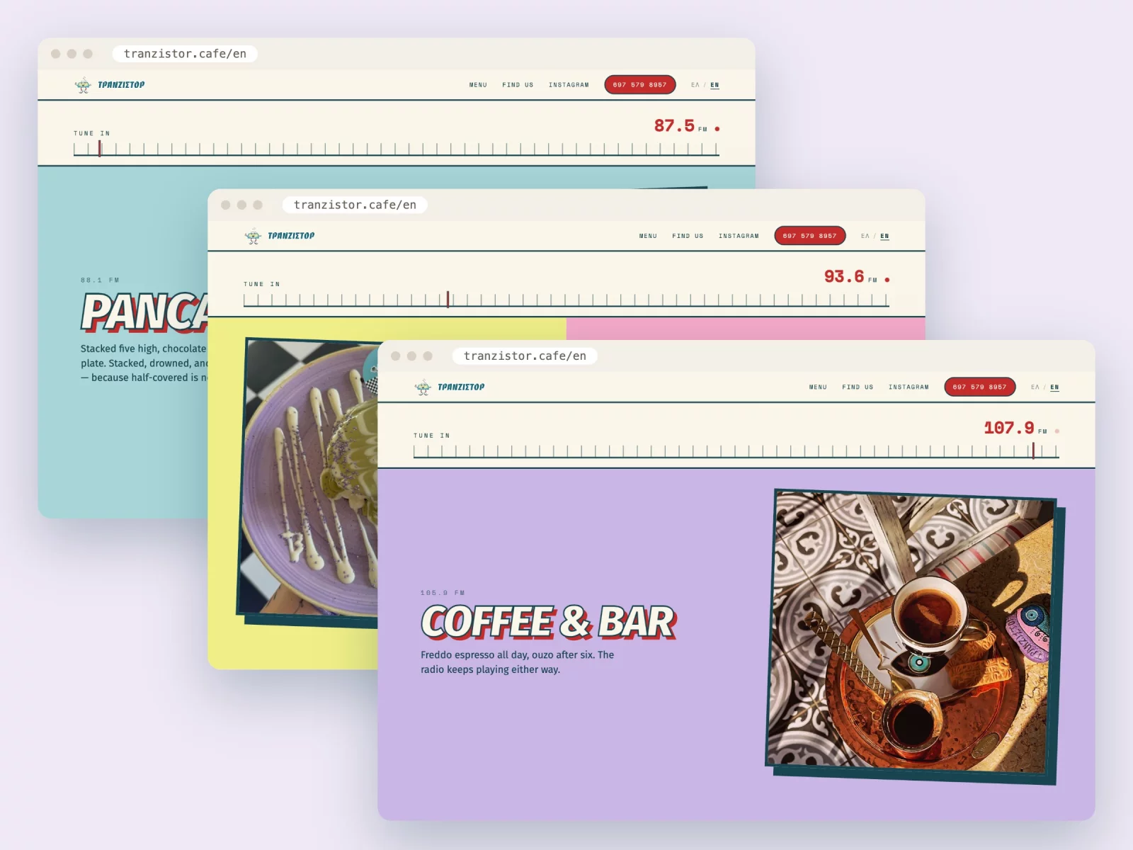 Three moments from the desktop scroll scene: 87.5 FM with pancakes, 93.6 FM between two stations, and 107.9 FM with coffee
