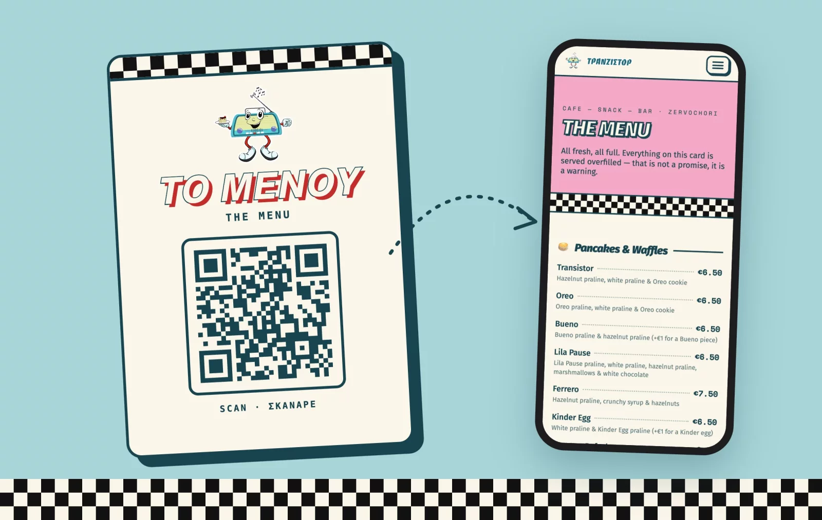 A table card in Tranzistor&rsquo;s house style with a QR code, next to a phone showing the menu