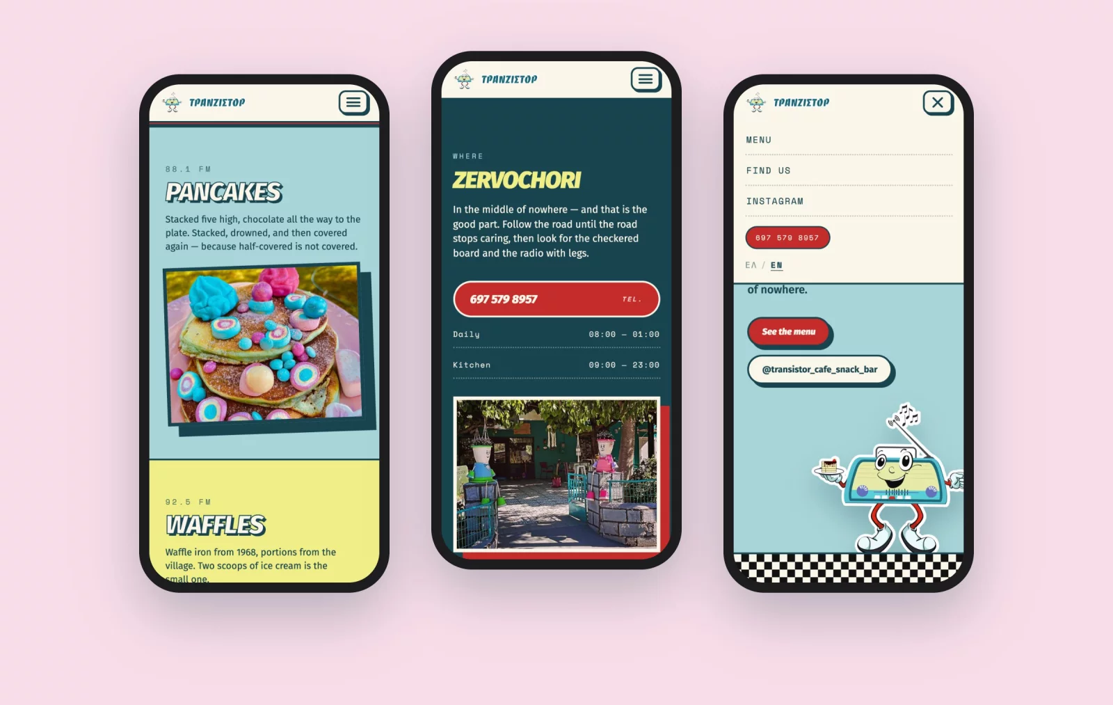 Three phones showing tranzistor.cafe: the radio stations stacked, the section with location and opening hours, and the open navigation