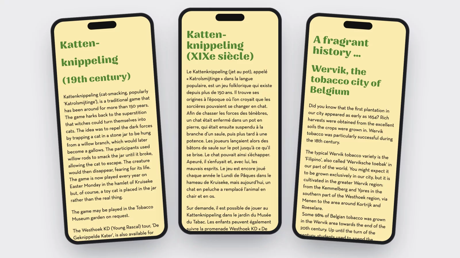 Three phones showing yellow pages: the cat-smacking story in English and French, and the tobacco history of Wervik