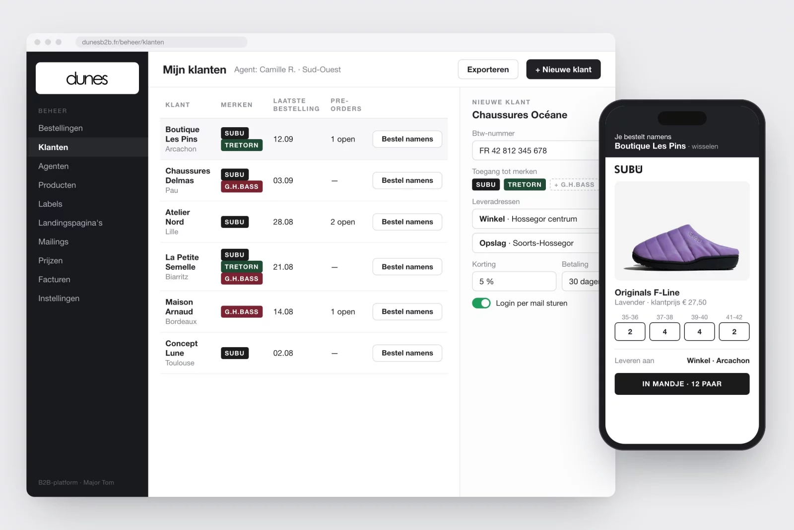 A sales agent&rsquo;s customer overview with a form for a new customer, and ordering on behalf of a shop on a phone