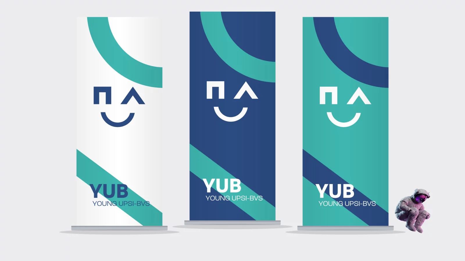 Three YUB roll-up banners in white, blue and mint, with a large arch, a diagonal band, the smiling emblem and the wordmark